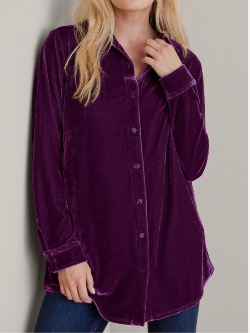 Soft Surroundings Velvet Button Up Top Purple Boyfriend Tunic Shirt sz Sm